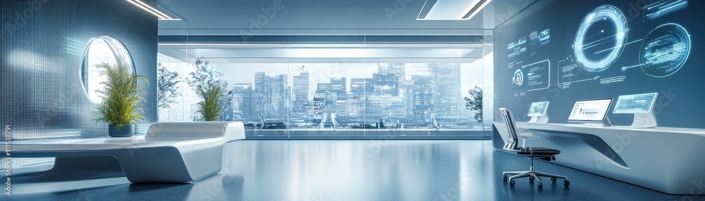 Leinwandbilder A futuristic office environment with automated systems and smart devices seamlessly integrated into the workspace, showcasing the potential of technology to enhance productivity