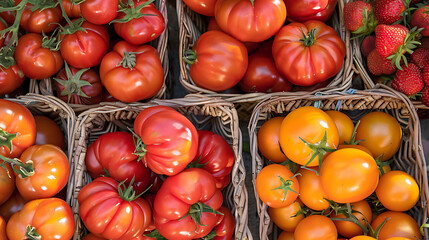 Red and orange tomatoes in wicker baskets, a vibrant summer harvest, perfect for a healthy and delicious meal. 
