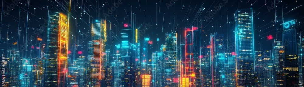 Fototapete A futuristic cityscape with towering skyscrapers illuminated by neon lights, connected through a complex network of smart devices and IoT technology