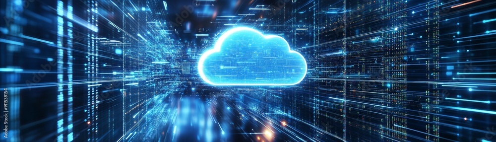Poster A creative depiction of cloud computing with a network of interconnected servers and data streams in a digital space, illustrating the power and scale of modern cloud technologies