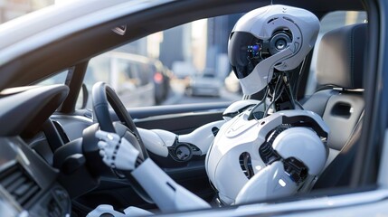 A robot with artificial intelligence is driving a taxi sitting at driver seat is driving on busy highway road in the city. Concept of machine learning, artificial intelligence augmented reality and