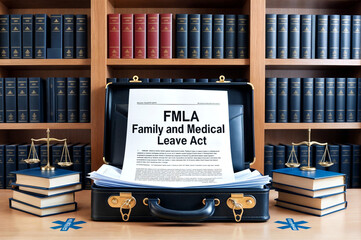 A briefcase with a document inside titled text phrase word "FMLA Family and Medical Leave Act"  bookshelf.