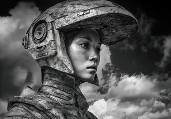 Asian woman with space helmet and suit head portrait, gritty black and white, vintage sci fi horror artwork.