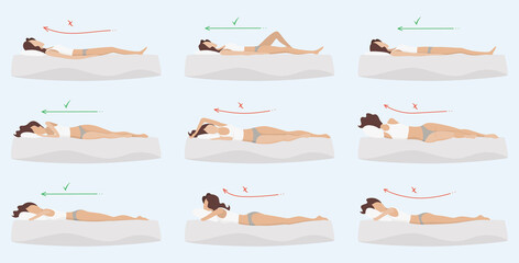 Correct and incorrect sleeping body posture. Healthy sleeping position spine in various mattresses and pillow. Caring for health of back, neck. Comparative  illustration