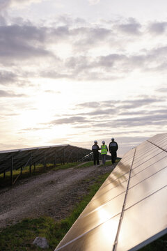 Solar panels field bio power engineers walking conversation