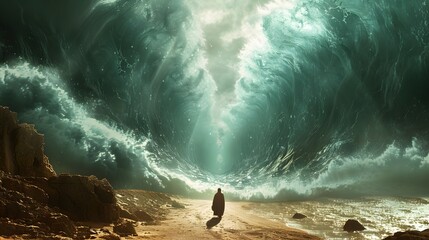 Fototapeta premium Moses, determined, parts the Red Sea, with water forming walls on either side of the dry path, intense lighting, towering walls of water, realistic textures, high detail, vivid colors,