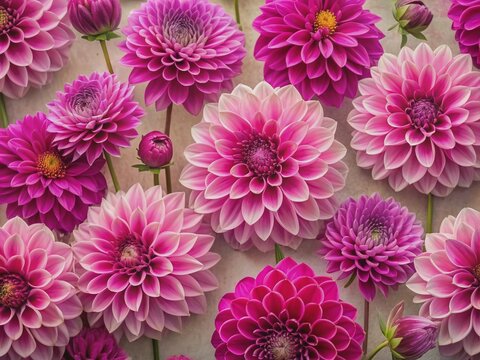 Vibrant magenta pink fusia dahlias flowers bloom against a soft, textured background, creating a stunning seamless wallpaper pattern with a whimsical, romantic ambiance.