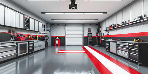 Clean and organized garage with red and grey accents, perfect for DIY projects and home improvement. 
