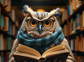 an owl with a coiled scarf is reading a book in the library