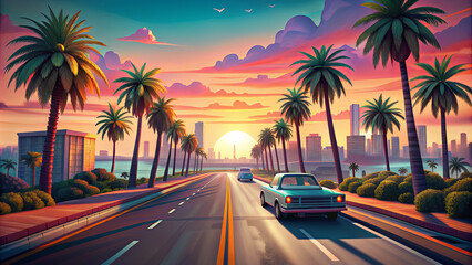 A serene drive along a palm-lined road as the sun sets behind a vibrant skyline and calm ocean, creating a picturesque urban coastal atmosphere