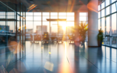A blurred image of a modern office with a sunlight shining through the windows, creating a warm and bright atmosphere. 
