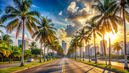 Fototapeta premium A picturesque sunset illuminates a palm-lined roadway with tall buildings in the background, creating a serene urban atmosphere