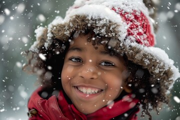 Delightful smile of an Afro-Latino child playing in the snow.