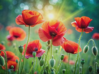 Fototapeta premium Vibrant red poppy flowers bloom against a soft, blurred green background, creating a stunning natural landscape with delicate petals and subtle texture.