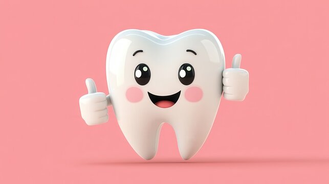 A cartoon tooth is giving two thumbs up on pastel pink background