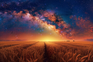 Fototapeta premium A view of the Milky Way over an endless wheat field.
