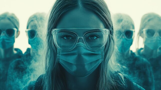 This is a colorful photo of three people in masks with one person in the foreground looking forward while the others look slightly sideways The masks cover the lower parts of their faces