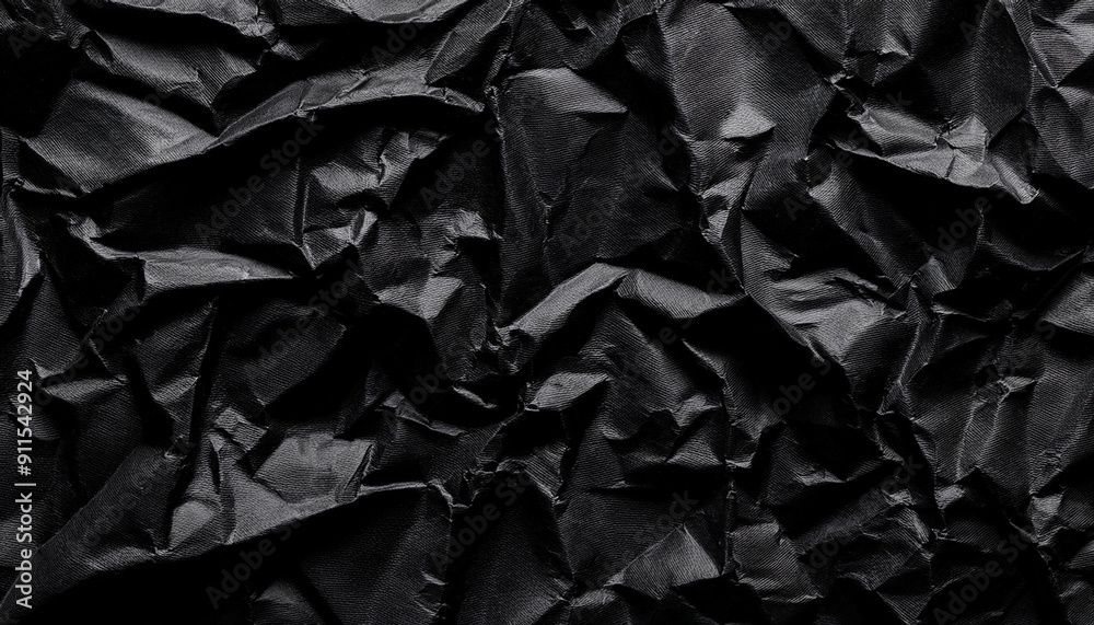Poster Textured Black Wrinkled Paper. Close-Up of Crumpled Black Fabric Material with Intricate Fold Patterns and Subtle Light Reflections