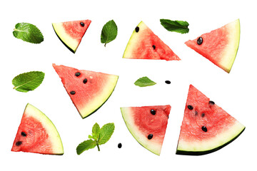Pieces of ripe watermelon and mint leaves on a white background. Watermelon slices and mint. Fresh red watermelon slices. Composition. Sliced ​​delicious watermelon