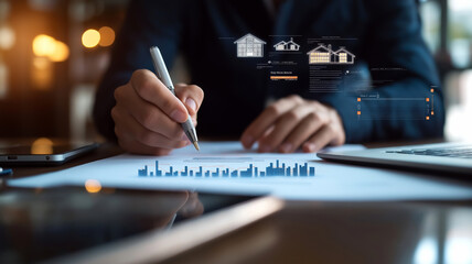 A conceptual image of a contract being signed with digital overlay elements representing architectural plans and financial charts, illustrating the integration of technology in real estate transaction