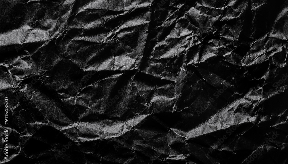 Poster Textured Black Wrinkled Paper. Close-Up of Crumpled Black Fabric Material with Intricate Fold Patterns and Subtle Light Reflections