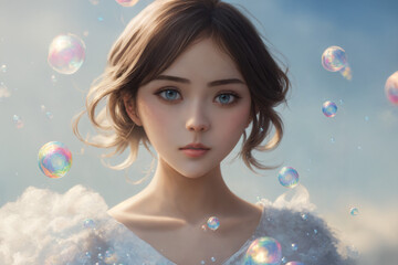 girl blowing soap bubbles looking directly at the camera with short, brown hair