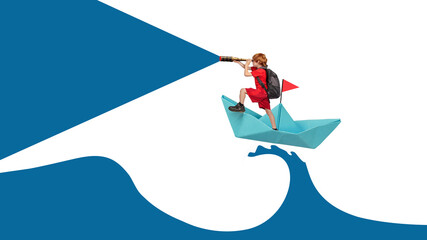 A child with telescope exploring on a boat, isolated on free png Background. Learn, develop,...