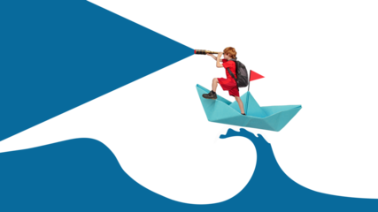 A child with telescope exploring on a boat, isolated on free png Background. Learn, develop, adventure concept. Back to school.