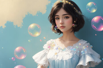 woman blowing bubbles in a wispy white dress and short brown hair