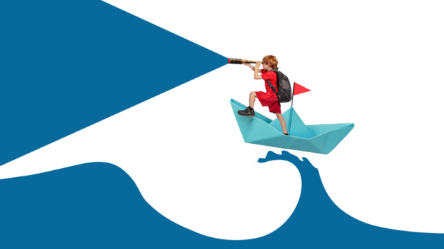 A child with telescope exploring on a boat, isolated on free png Background. Learn, develop, adventure concept. Back to school.
