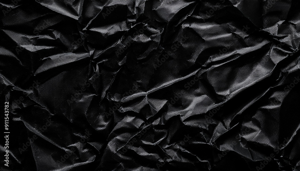Poster Textured Black Wrinkled Paper. Close-Up of Crumpled Black Fabric Material with Intricate Fold Patterns and Subtle Light Reflections