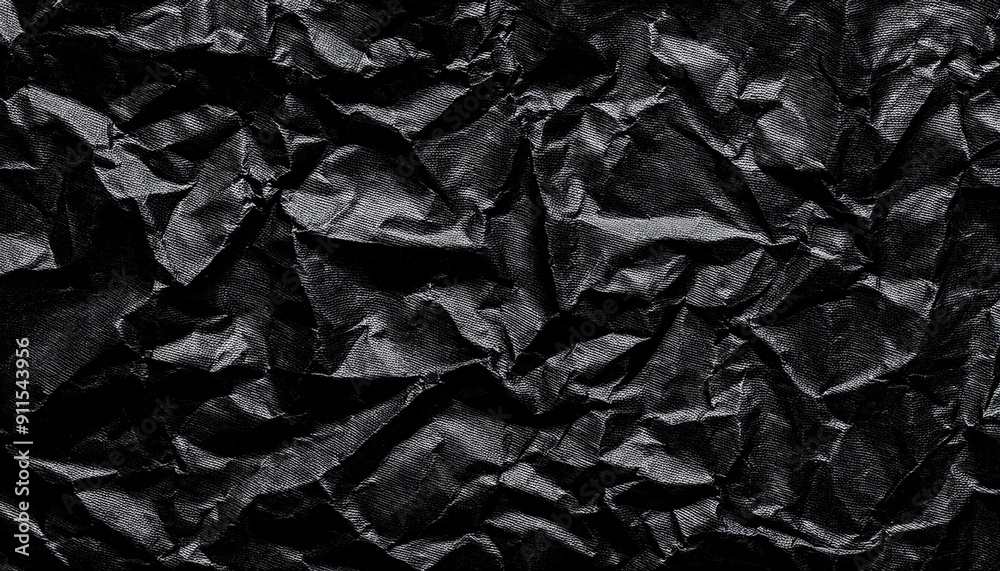 Poster Textured Black Wrinkled Paper. Close-Up of Crumpled Black Fabric Material with Intricate Fold Patterns and Subtle Light Reflections