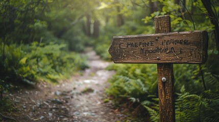 wooden signboard on forest road