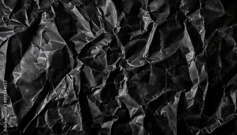 Poster Textured Black Wrinkled Paper. Close-Up of Crumpled Black Fabric Material with Intricate Fold Patterns and Subtle Light Reflections