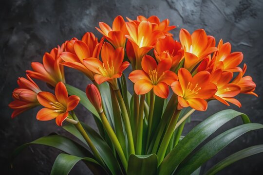 Vibrant orange clivia blooms pop against a dark charcoal textured background, surrounded by delicate cyclamen flowers with upswept petals, creating a striking botanical contrast.