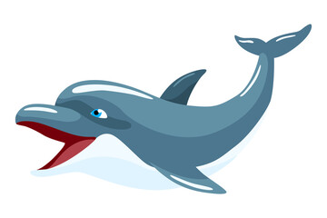 Dolphin cartoon character. Ocean mammal in motion isolated on white. Wild nature animal.  illustration of sea life blue fish