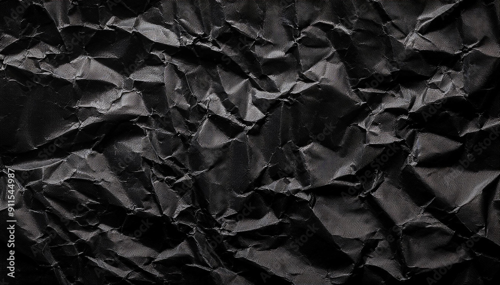 Poster Textured Black Wrinkled Paper. Close-Up of Crumpled Black Fabric Material with Intricate Fold Patterns and Subtle Light Reflections