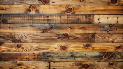 Warmly lit, weathered hickory wood plank background with knots, cracks, and scratches, evoking a cozy, rustic ambiance perfect for adding warm, organic textures to designs.