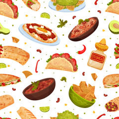 Traditional Mexican Dish Seamless Pattern Design with Food Vector Template