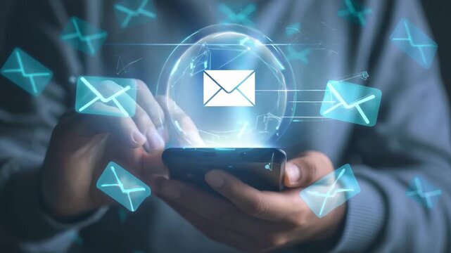 Man texting on smartphone with digital messages icons overlay, closeup. Concept of online chatting and mobile communication