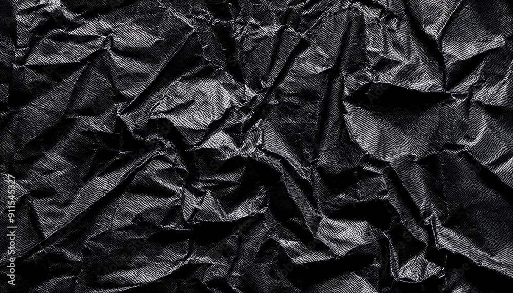 Poster Textured Black Wrinkled Paper. Close-Up of Crumpled Black Fabric Material with Intricate Fold Patterns and Subtle Light Reflections