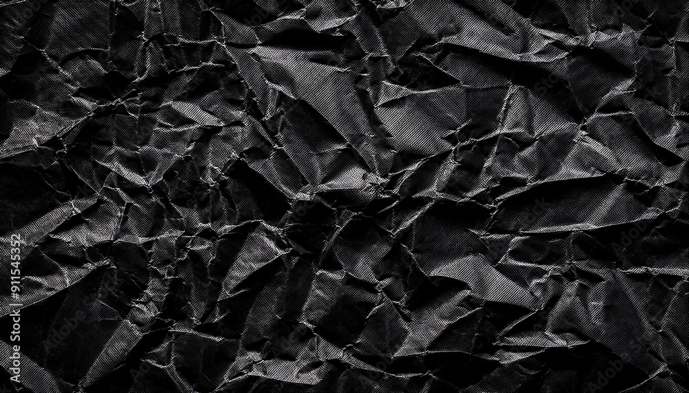 Poster Textured Black Wrinkled Paper. Close-Up of Crumpled Black Fabric Material with Intricate Fold Patterns and Subtle Light Reflections