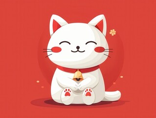 Fototapeta premium A cute cartoon cat with a bell, set against a vibrant red background, radiating happiness and charm.