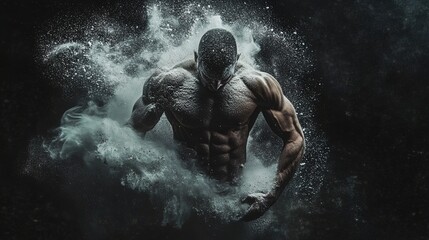 Fototapeta premium Dynamic Emergence: Muscular Torso Breaking Through Powder – Perfect for Sports Decor Posters with Dramatic Lighting and Textured Detail
