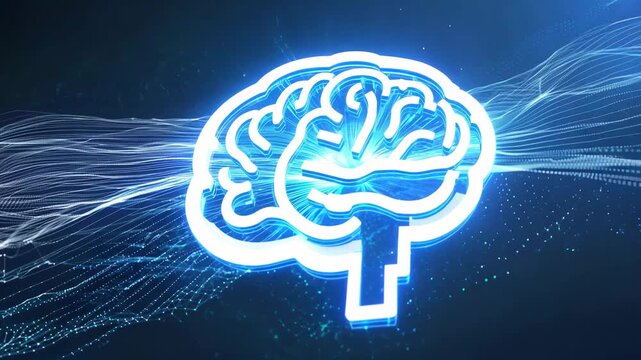 Abstract AI concept: microchip with brain logo processing data. Digital lines move from the logo, visualizing cloud computing. connection, cyber, data, electronics, future, futuristic, graphics