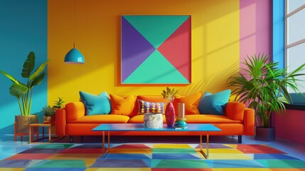 Obraz premium Interior design of a colorful living room with orange sofa and pop art style