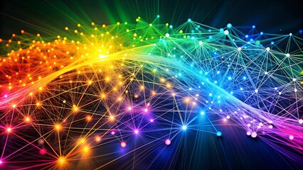 Naklejka premium Abstract Data Flow: Interconnected Nodes in a Vibrant Spectrum Generative AI