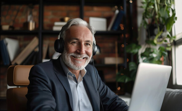 Portrait of senior support worker inside office at workplace, man smiling and looking at camera, using headset and laptop for video communication and consulting customer support.