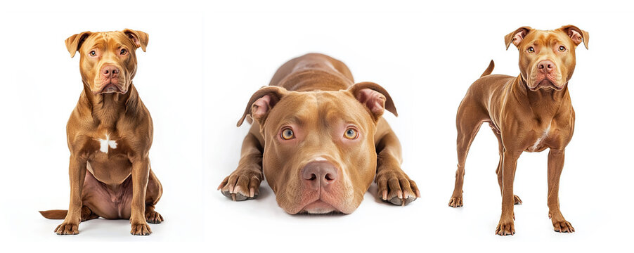 brown pitbull dog collection (sitting, standing, lying) isolated on a white background, animal bundle