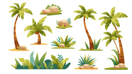 Obraz premium Set of cartoon palm trees on white background. Drawing tropical bushes and trees. Vector isolated illustrations 